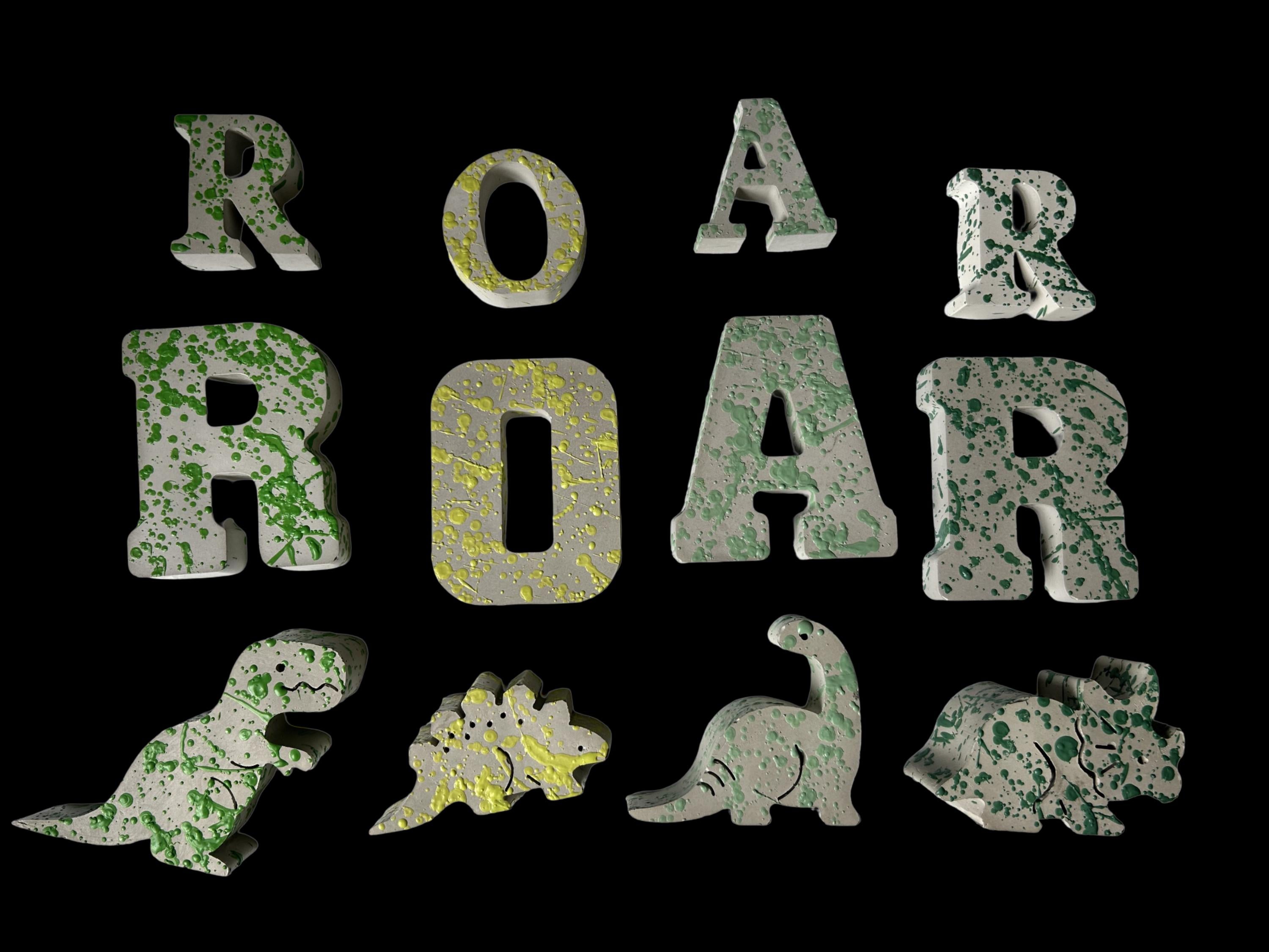 Splattered Concrete Dinosaur Decor &amp; ROAR Letters | Unique Kids Room Shelf Decor | Modern Nursery Art