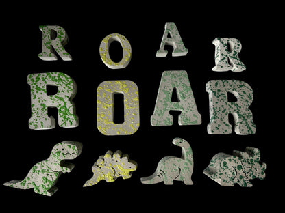 Splattered Concrete Dinosaur Decor &amp; ROAR Letters | Unique Kids Room Shelf Decor | Modern Nursery Art
