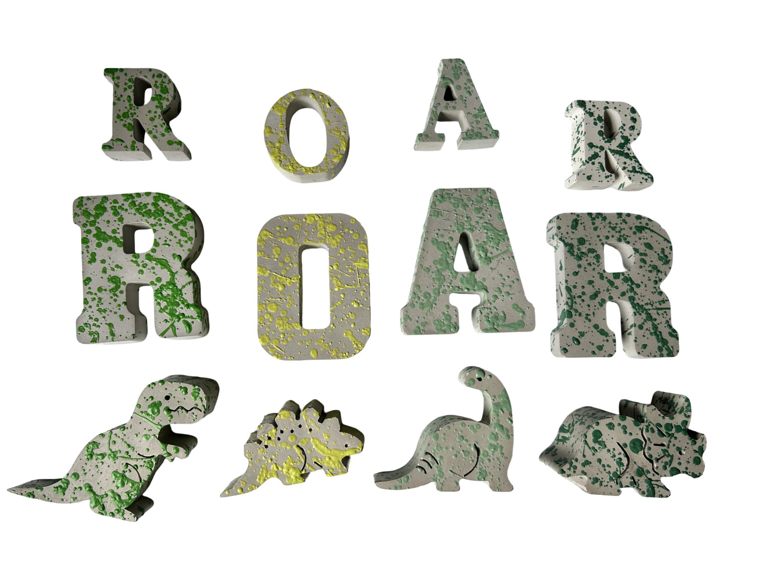 Splattered Concrete Dinosaur Decor &amp; ROAR Letters | Unique Kids Room Shelf Decor | Modern Nursery Art