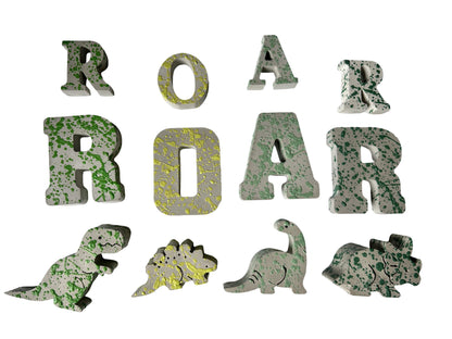 Splattered Concrete Dinosaur Decor &amp; ROAR Letters | Unique Kids Room Shelf Decor | Modern Nursery Art