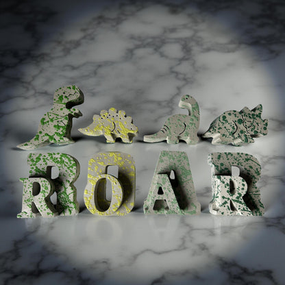 Splattered Concrete Dinosaur Decor &amp; ROAR Letters | Unique Kids Room Shelf Decor | Modern Nursery Art