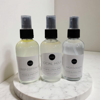 Signature Room &amp; Linen Spray | Designer Inspired Scents | 4oz Glass Bottle Home Fragrance Mist | High Society, Social Hour, Crisp Cotton