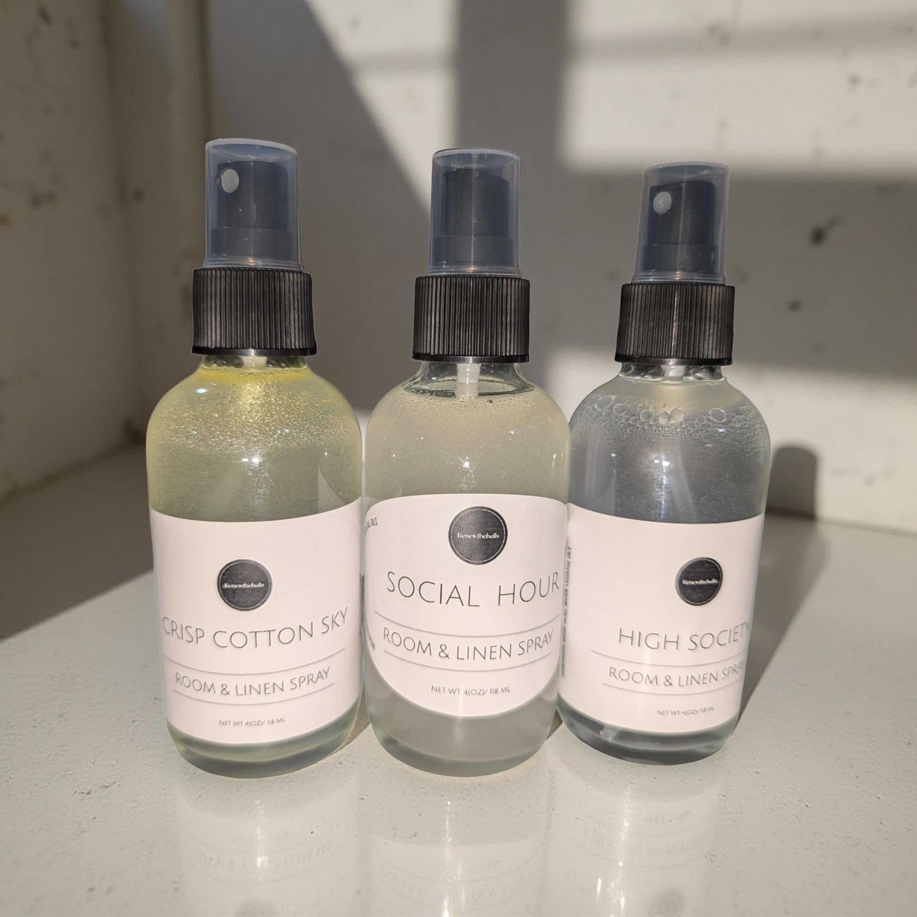 Signature Room &amp; Linen Spray | Designer Inspired Scents | 4oz Glass Bottle Home Fragrance Mist | High Society, Social Hour, Crisp Cotton