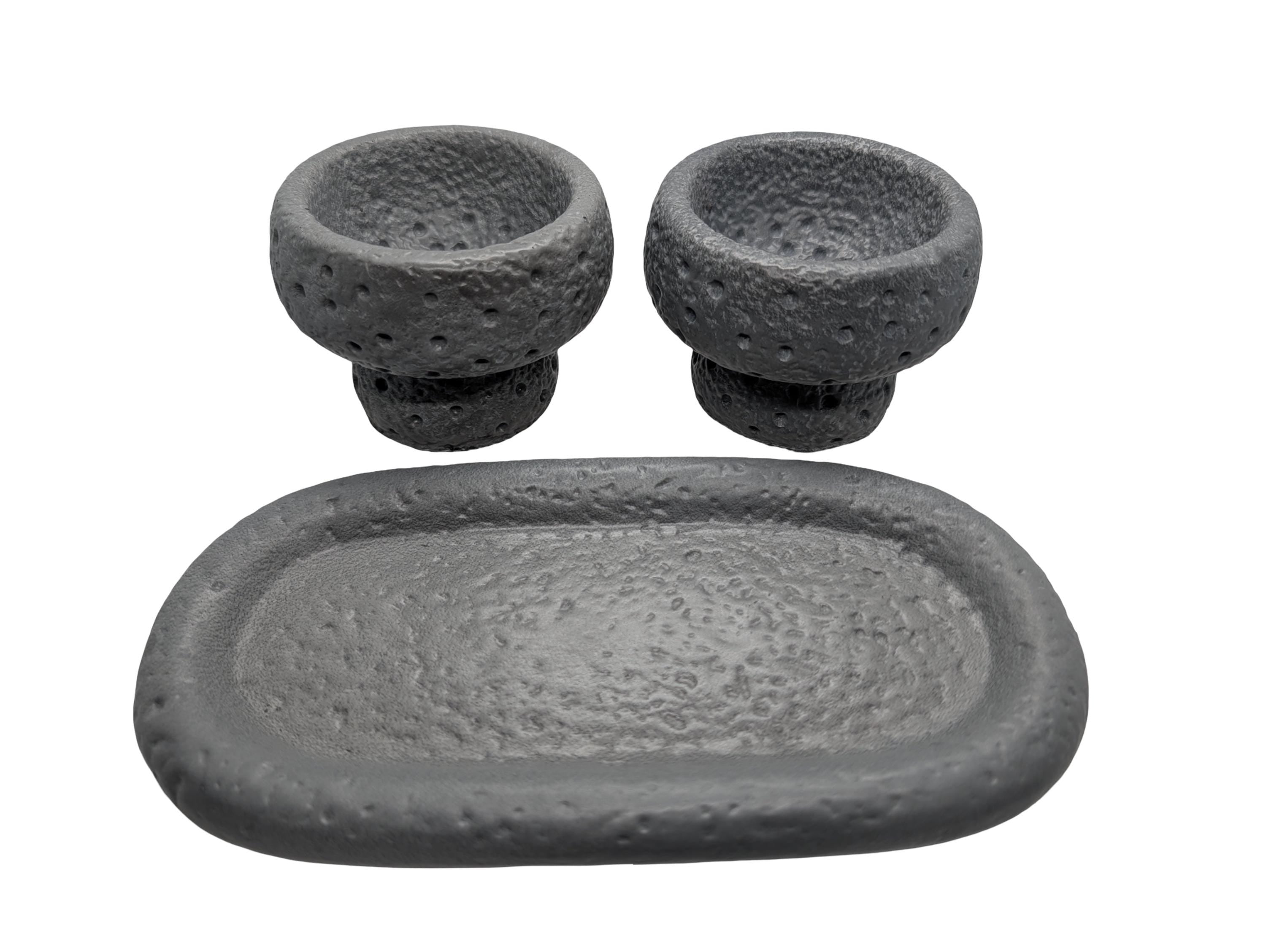Modern Brutalist Lunar Stone Vessel &amp; Tray Set | Concrete Succulent Planter, Decorative Storage Jar, Catchall Tray | Housewarming Gift |