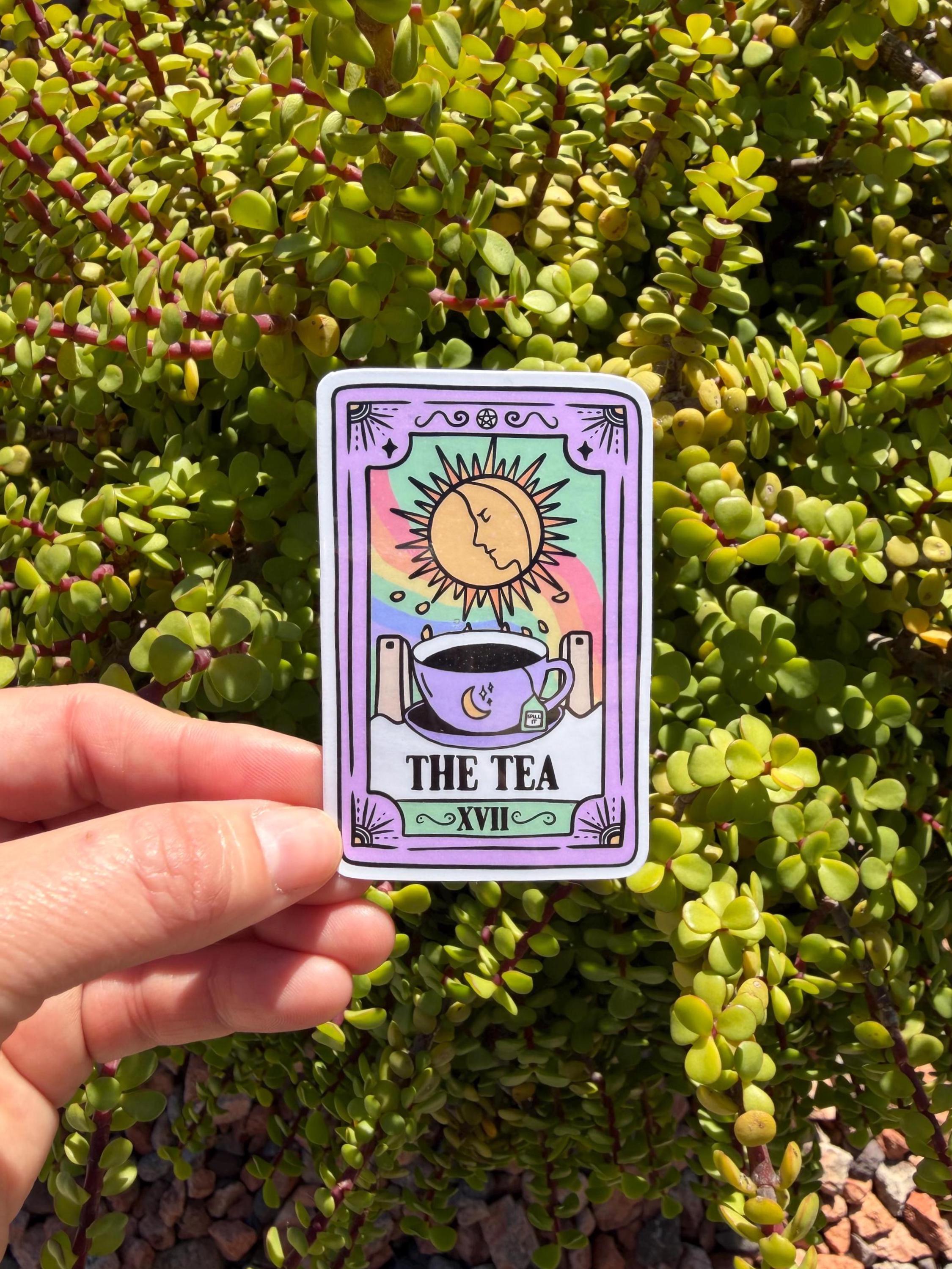 The Tea Tarot Card Sticker, Witchy Tea Reading Vinyl Decal, Gossip Humor Sticker, Clear or Holographic, 2” or 3”