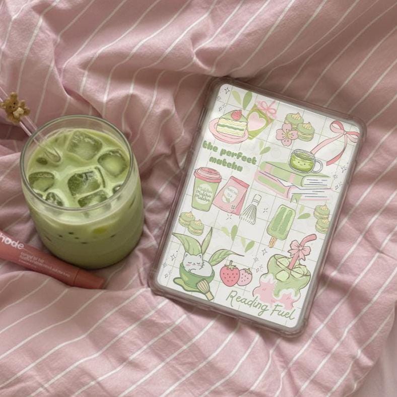 Matcha Kindle Insert, Kawaii Green Pink E-reader Accessory (Matte Cardstock)