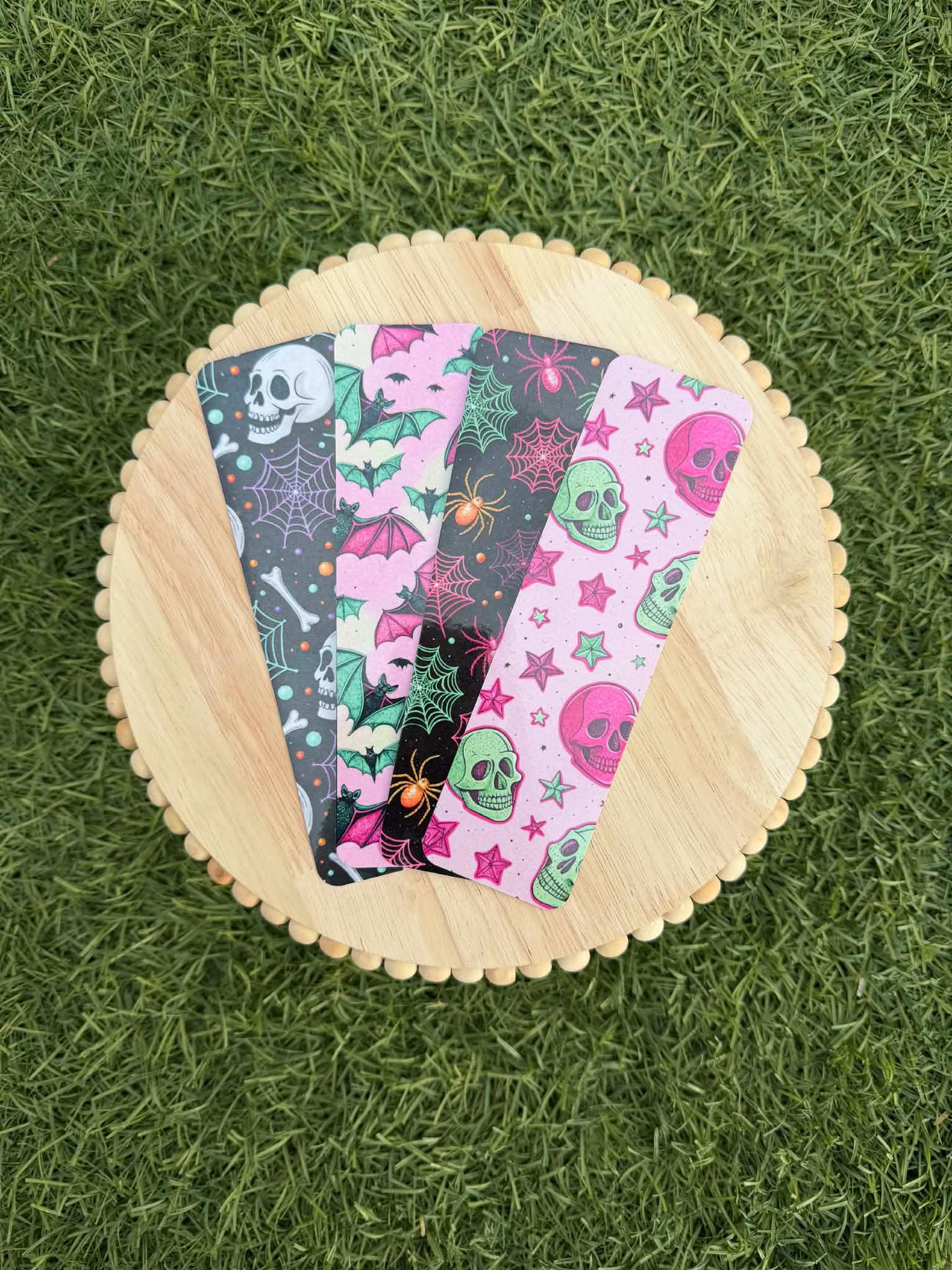 90s Neon Halloween Double-Sided Bookmark Bundle – Retro Spooky Skull, Spider, Bat &amp; Skeleton Bookmarks