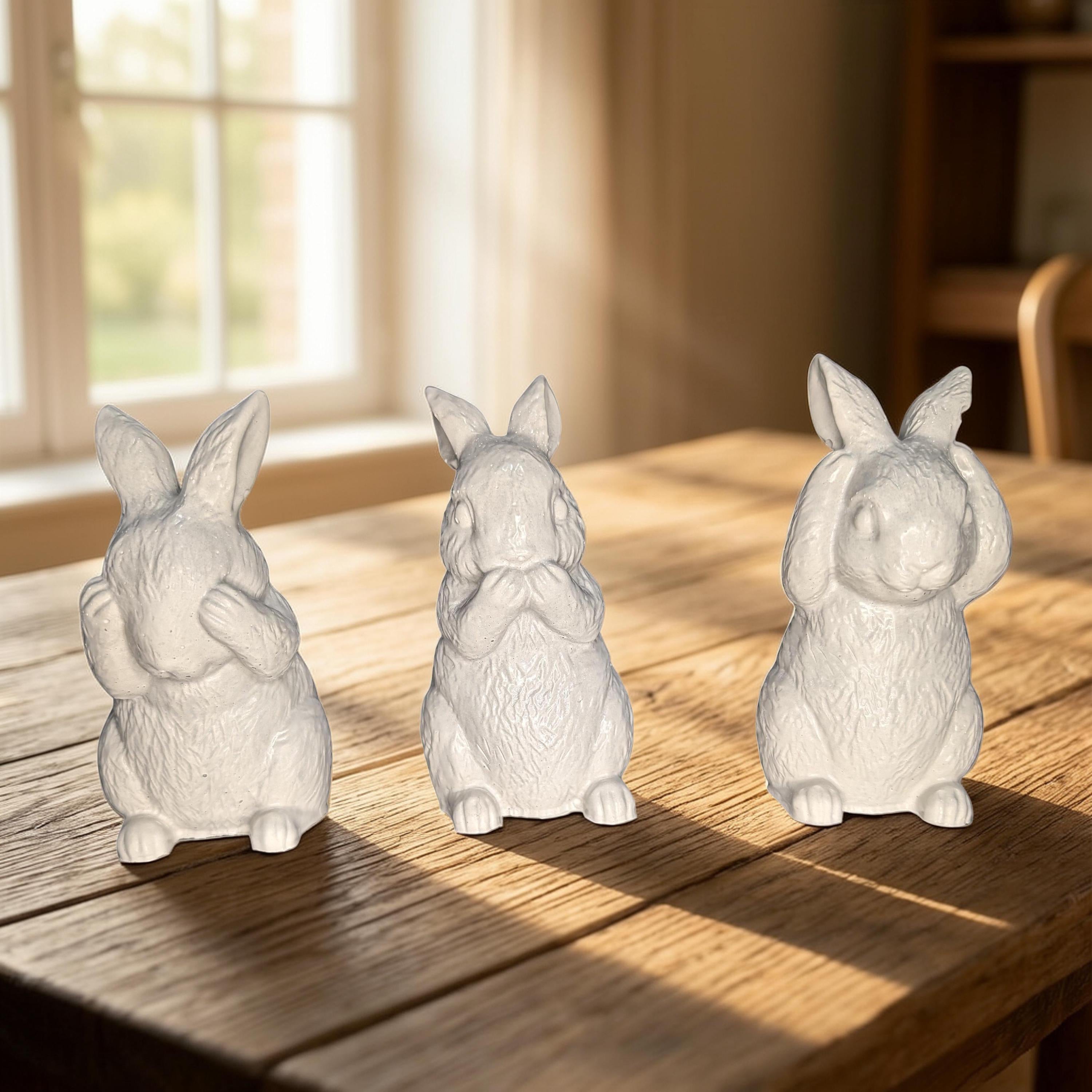 Concrete Bunny Rabbit Figurines - Set of 3 Wise Rabbits See No Evil Hear No Evil - Modern Easter Decor - Spring Mantle Display