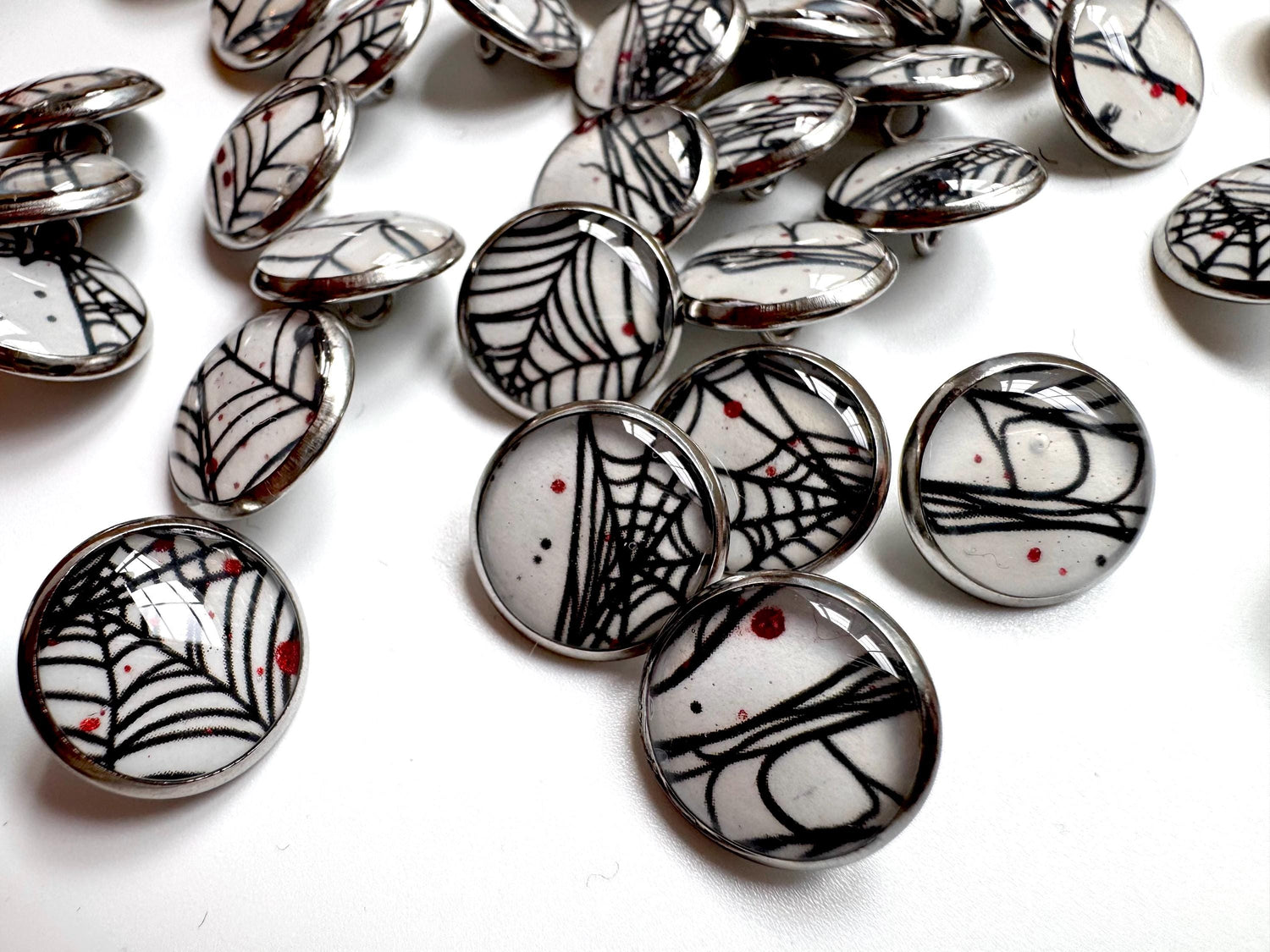 Small Round Buttons - Spiderwebs - White Background - 12mm