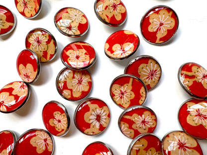 Medium Round Buttons - Cream Flowers on Bright Red Background - 16mm
