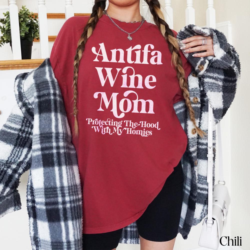 Antifa Wine Mom Tee, Funny Mom Shirt, Protecting The Hood With My Homies, Quirky Graphic T-Shirt, Wine Lover Gift, Trendy Mom Tops