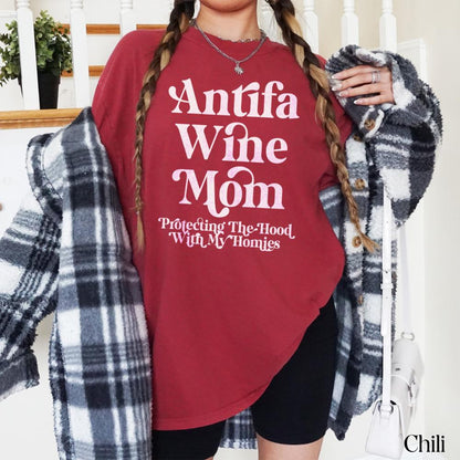 Antifa Wine Mom Tee, Funny Mom Shirt, Protecting The Hood With My Homies, Quirky Graphic T-Shirt, Wine Lover Gift, Trendy Mom Tops