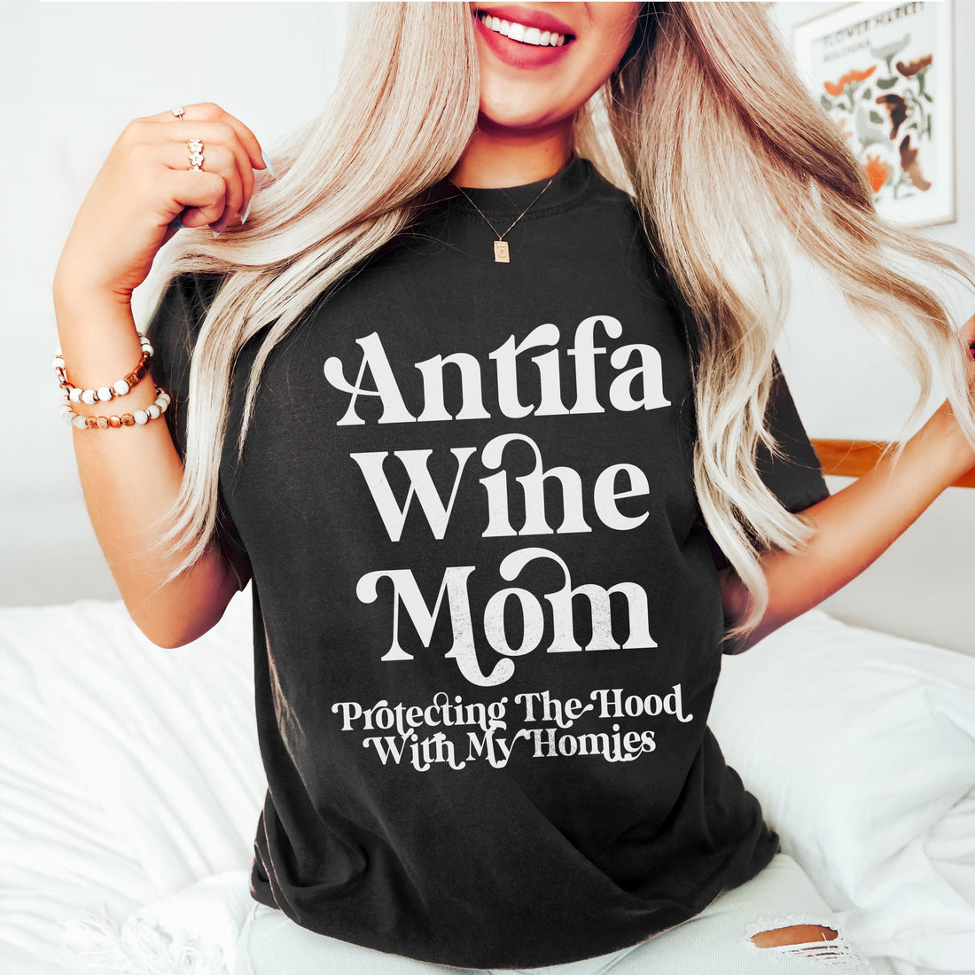 Funny Antifa Wine Mom Shirt, Protecting The Hood With My Homies T-Shirt, Women&amp;