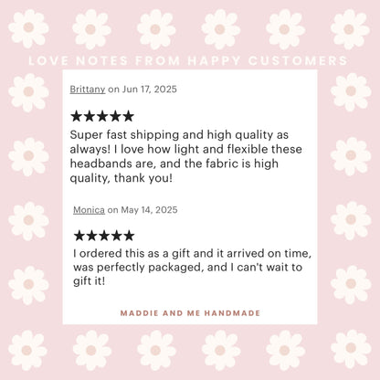 May include: A graphic featuring customer reviews for a handmade product. The reviews are displayed on a white background with a floral design, set against a muted pink backdrop. The text includes positive feedback and the shop&amp;