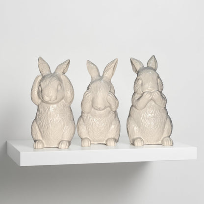 Concrete Bunny Rabbit Figurines - Set of 3 Wise Rabbits See No Evil Hear No Evil - Modern Easter Decor - Spring Mantle Display