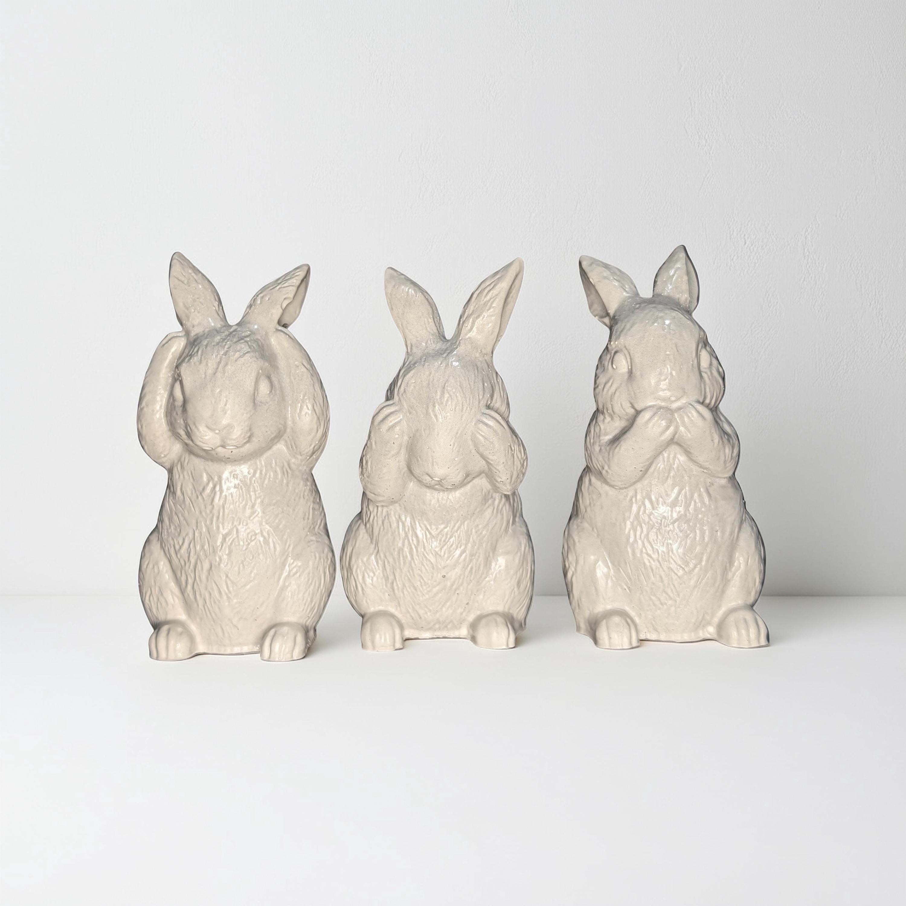 Concrete Bunny Rabbit Figurines - Set of 3 Wise Rabbits See No Evil Hear No Evil - Modern Easter Decor - Spring Mantle Display