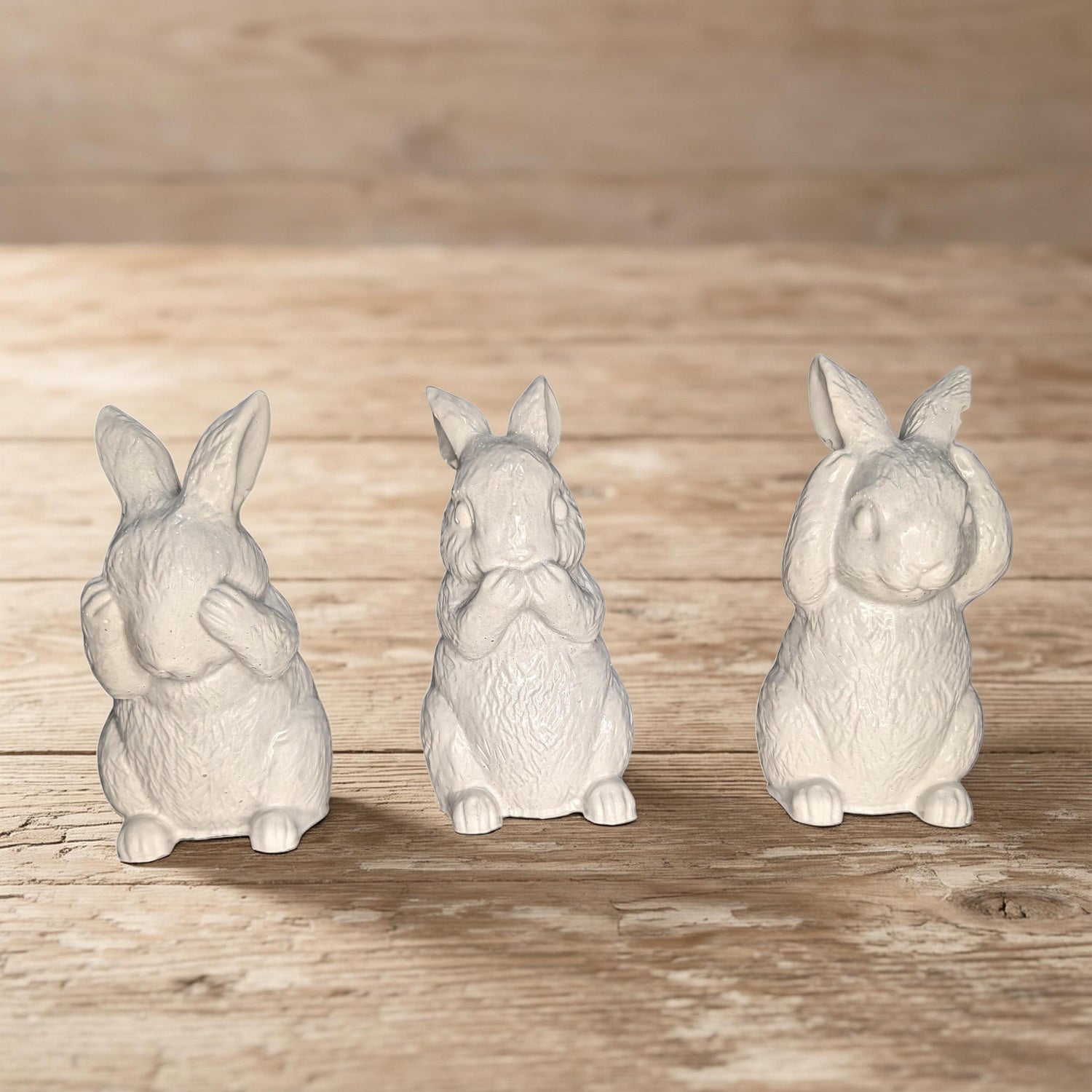 Concrete Bunny Rabbit Figurines - Set of 3 Wise Rabbits See No Evil Hear No Evil - Modern Easter Decor - Spring Mantle Display