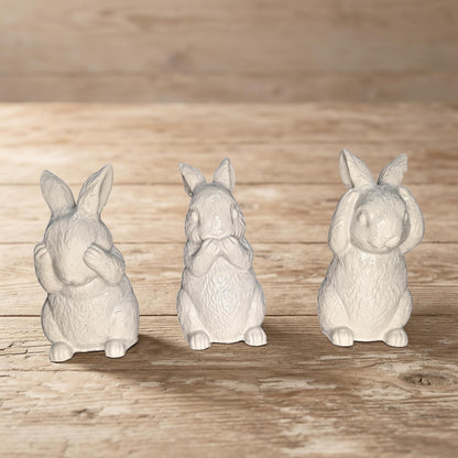 Concrete Bunny Rabbit Figurines - Set of 3 Wise Rabbits See No Evil Hear No Evil - Modern Easter Decor - Spring Mantle Display