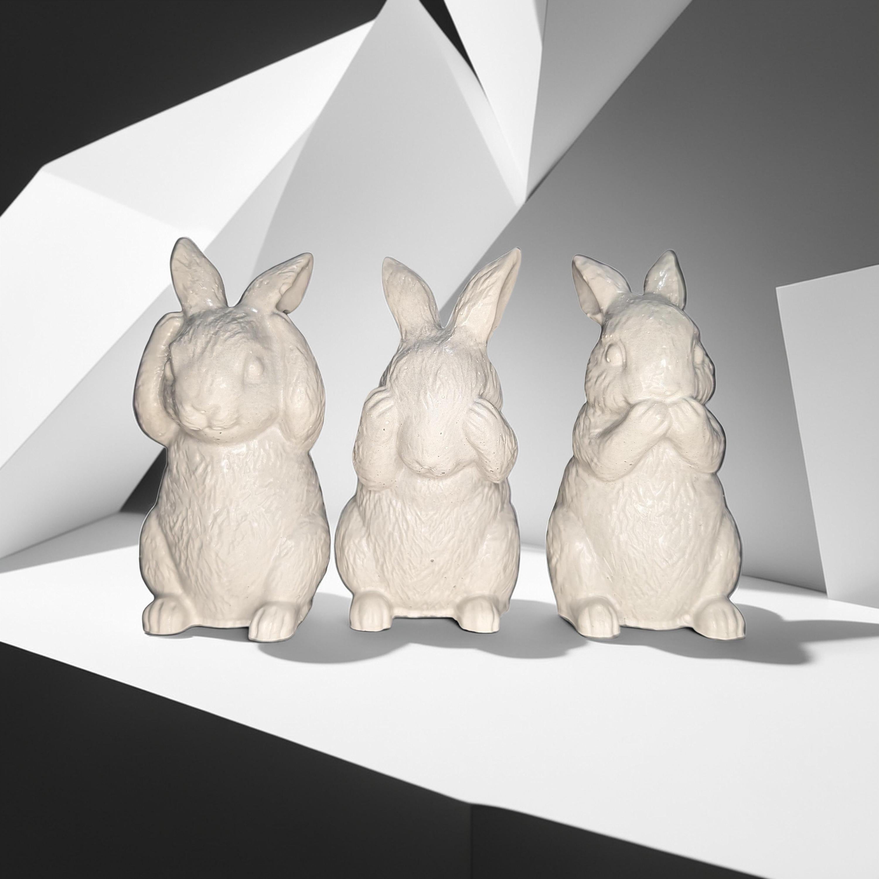 Concrete Bunny Rabbit Figurines - Set of 3 Wise Rabbits See No Evil Hear No Evil - Modern Easter Decor - Spring Mantle Display