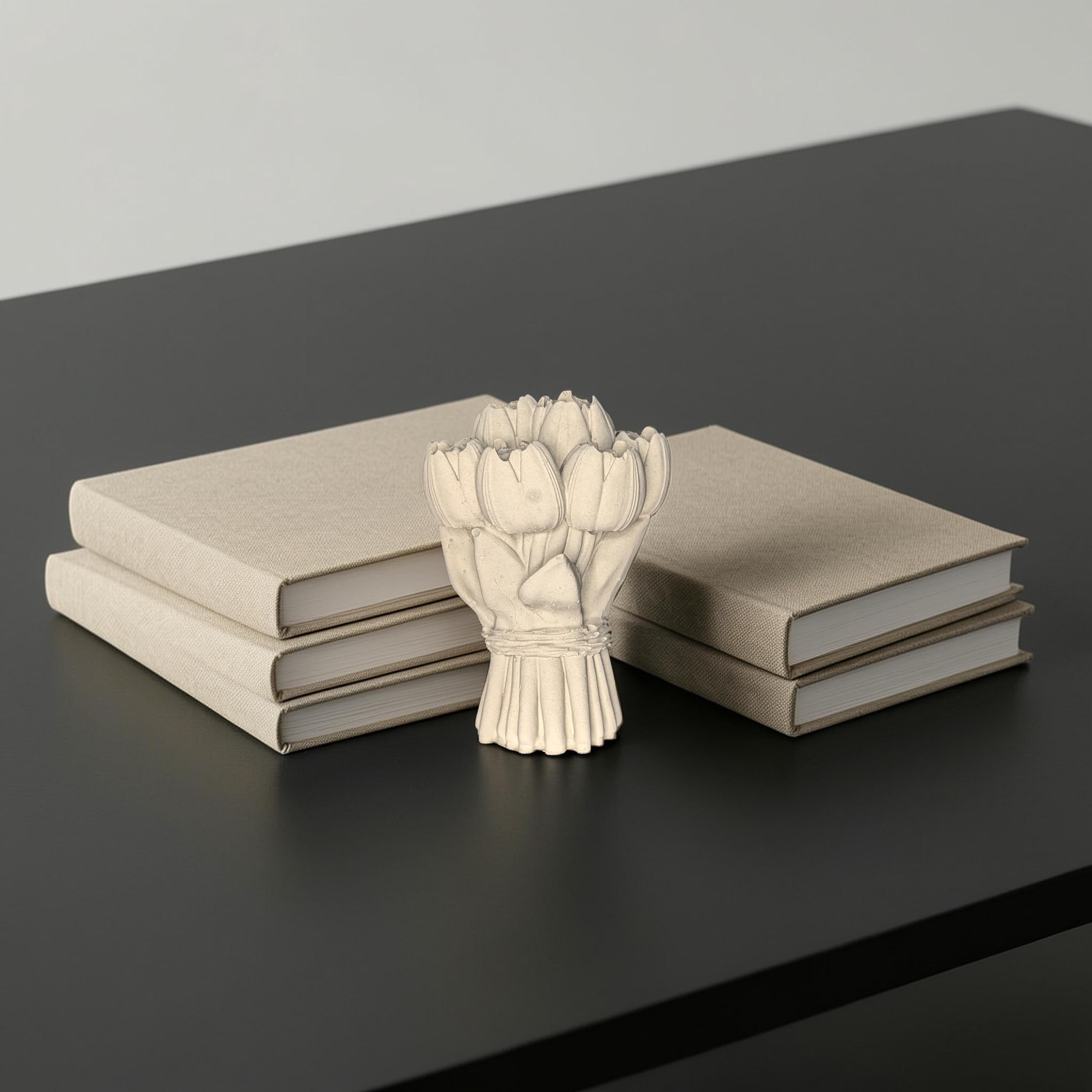 Concrete Tulip Bouquet Statue 4.5 Inches- Minimalist Spring Flower Decor - Industrial Shelf Sitter- Modern Coffee Table Accessory