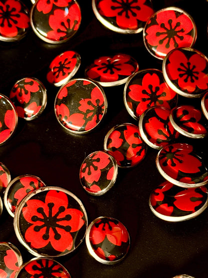 Small Round Buttons - Red Flowers on Black Background - 12mm