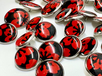 Small Round Buttons - Red Flowers on Black Background - 12mm