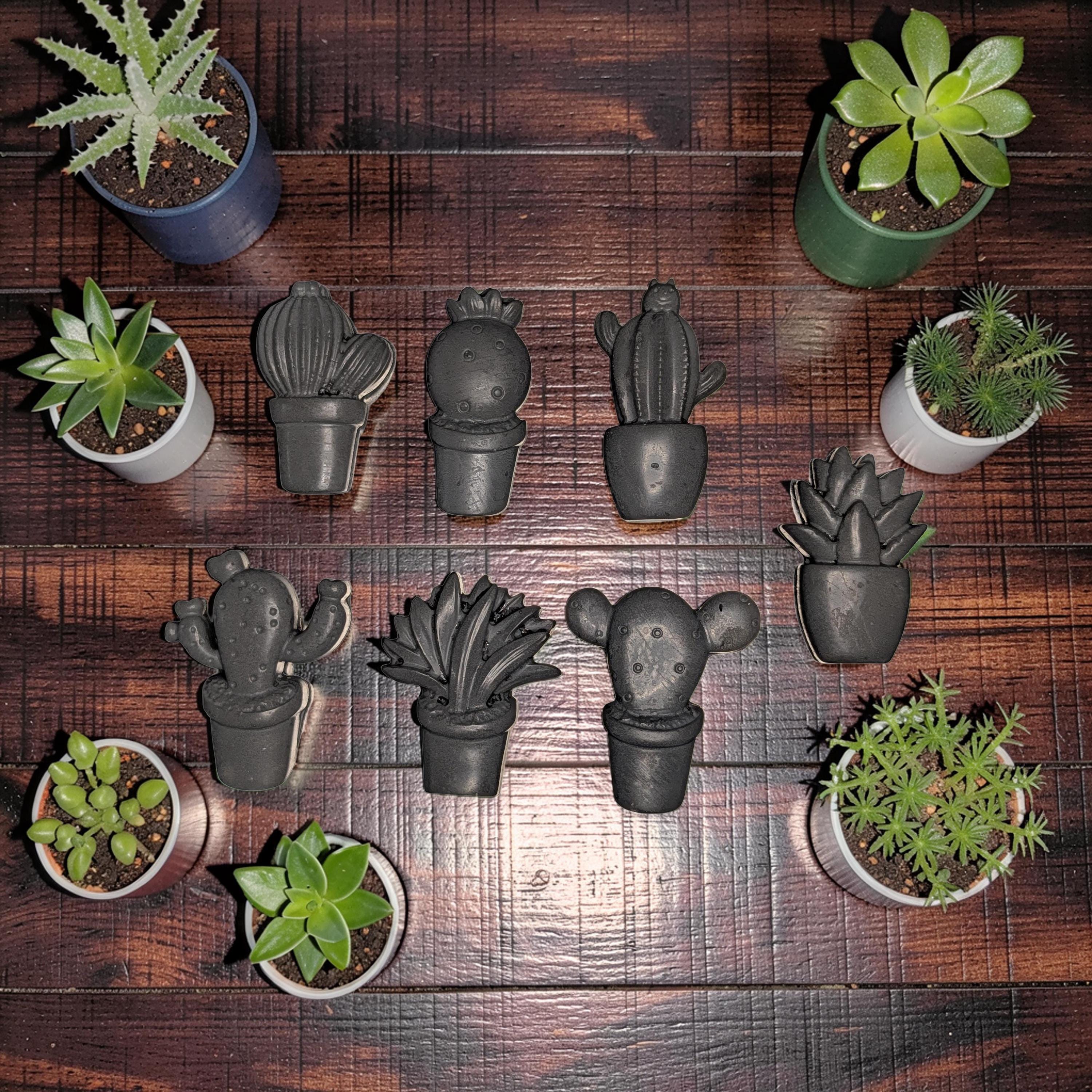 Concrete Cactus Refrigerator Magnets (Set of 7) | Succulent Fridge Magnets | Plant Lover Gift | Cute Kitchen Decor in Grey or Dark Green