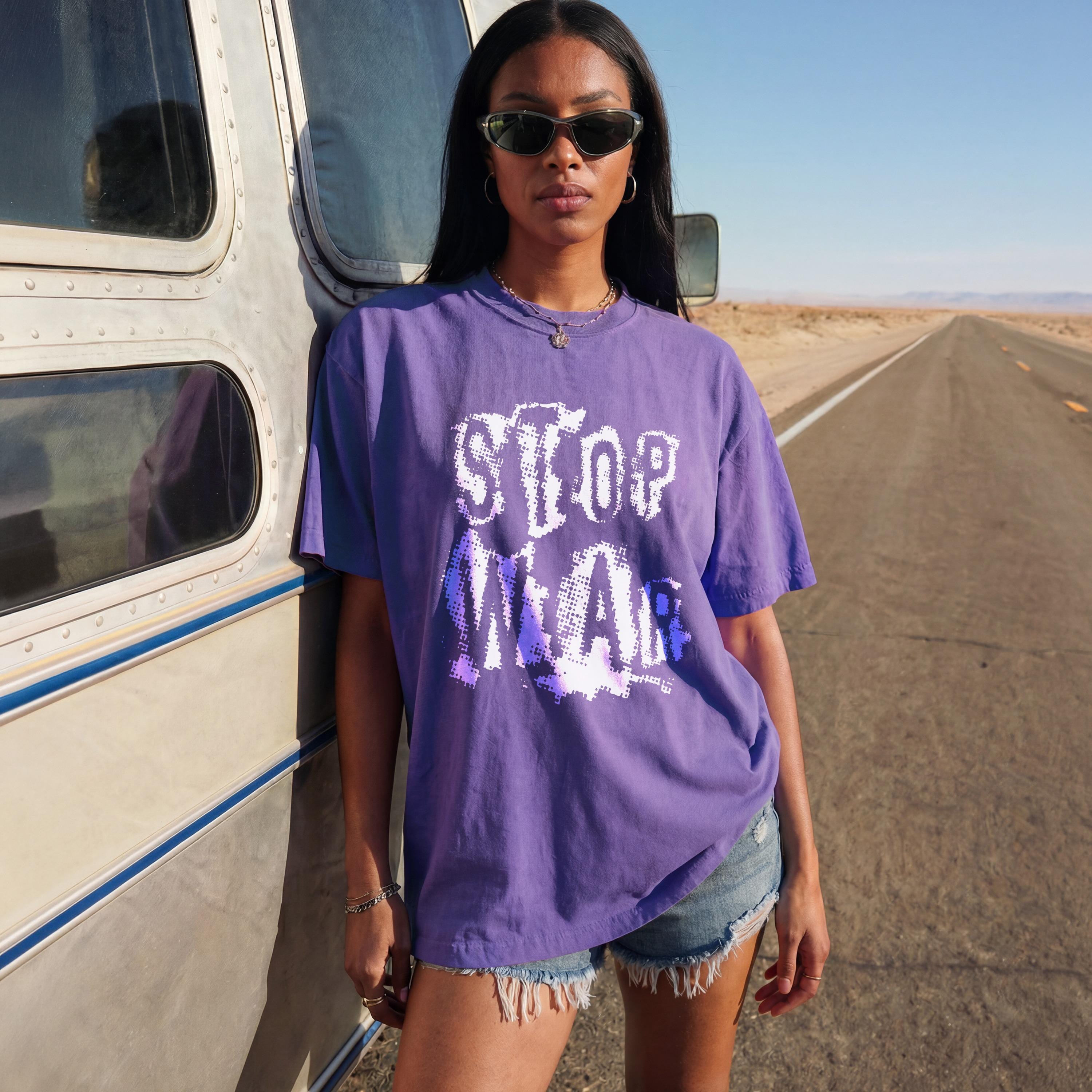 Stop War Graphic Tee, Unisex Purple Shirt, Anti-War Message, Casual Summer Fashion, Trendy Street Wear, Comfortable Statement Top