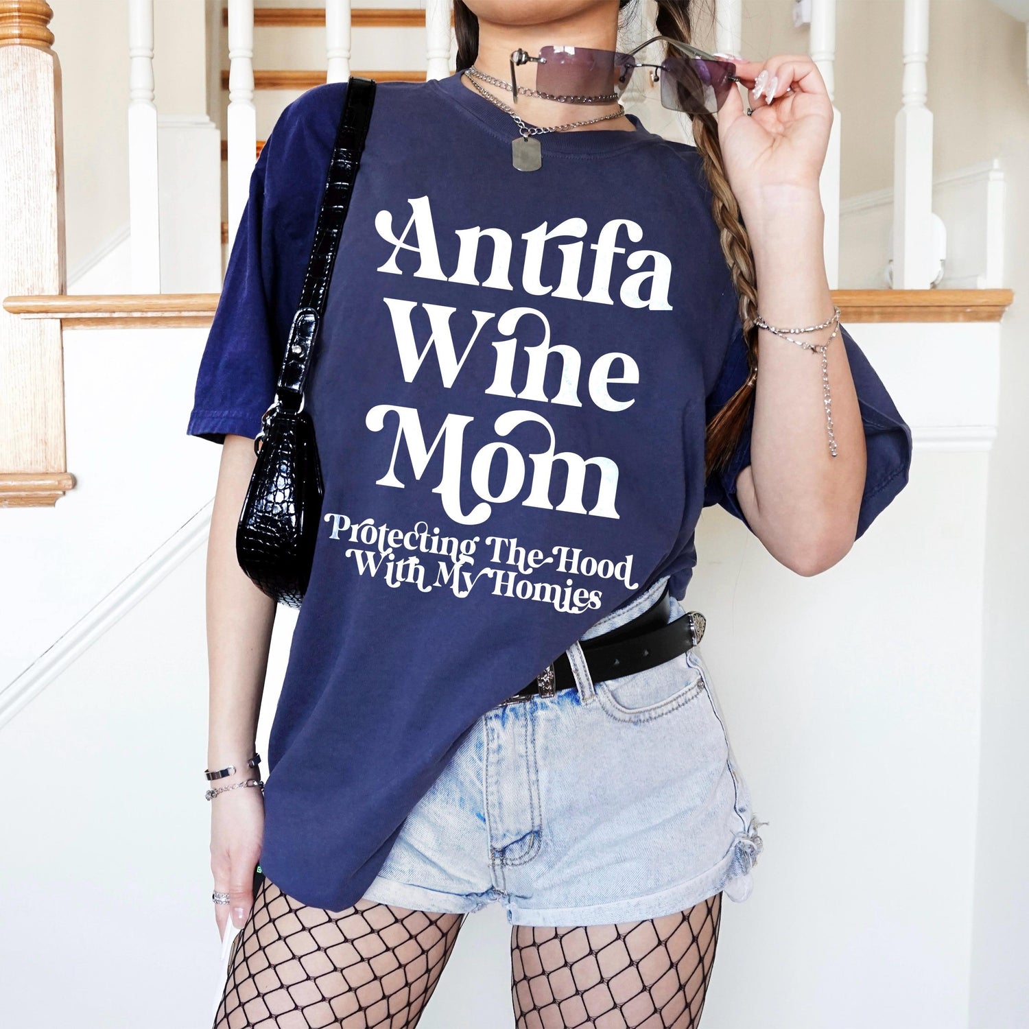 Funny Antifa Wine Mom Graphic Tee, Protecting The Hood With My Homies Shirt, Trendy Graphic T-Shirt For Women, Casual Outfit