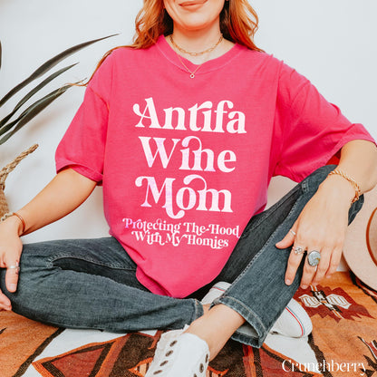 Antifa Wine Mom T-Shirt, Graphic Tee for Moms, Fun Printed Top, Unique Slogan Shirt, Casual Graphic Design, Trendy Statement Tee