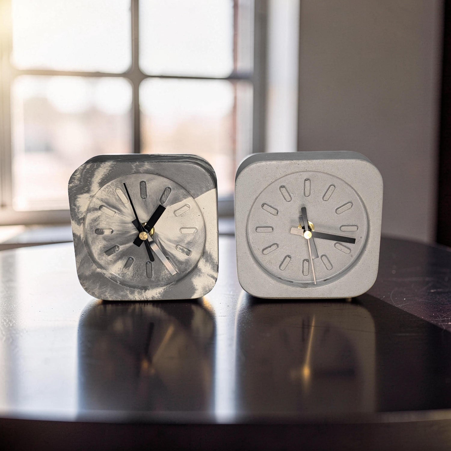 Modern Concrete Desk Clock | Minimalist Table Clock | Industrial Office Decor | Marbled &amp; Gray Concrete Clock | Small Shelf Clock
