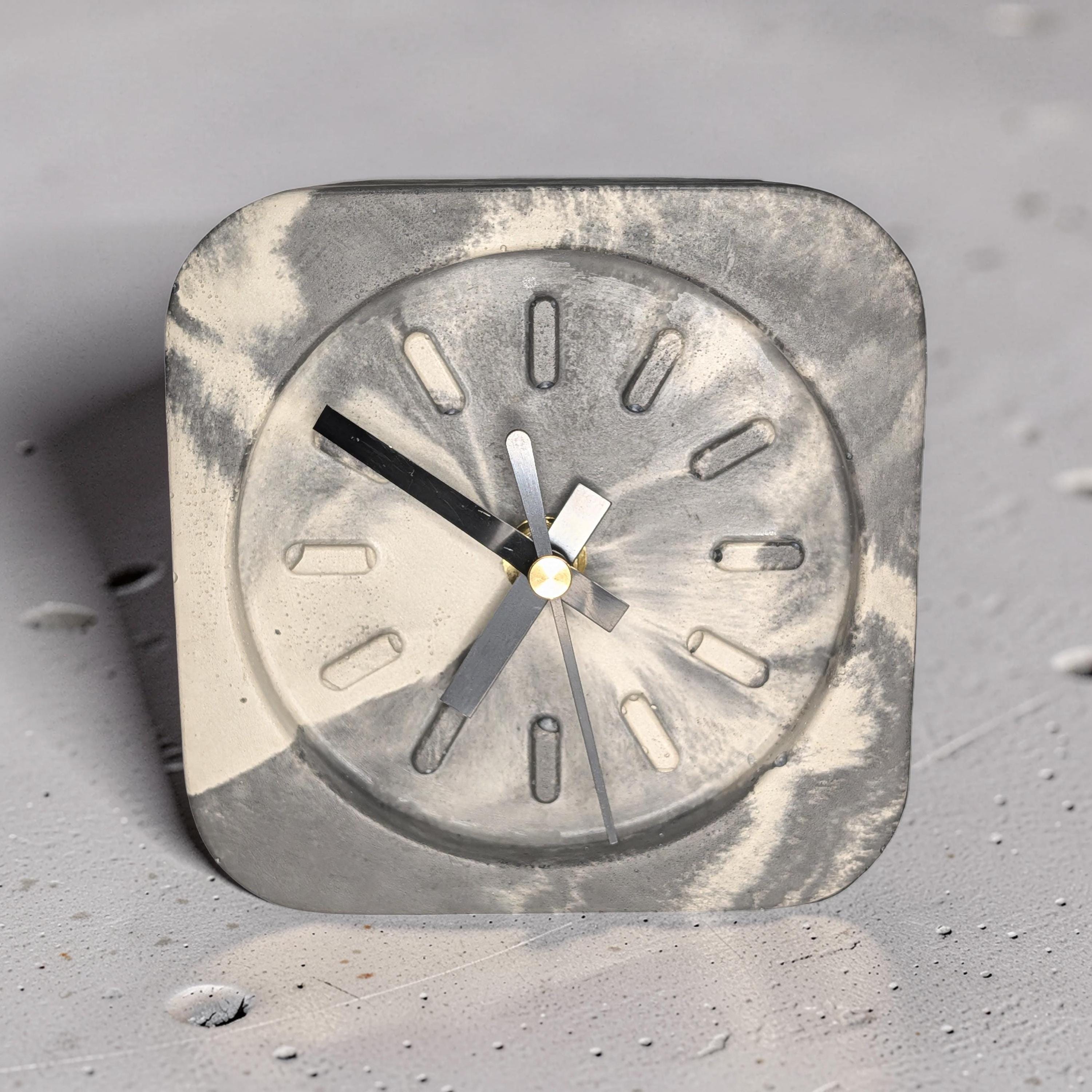 Modern Concrete Desk Clock | Minimalist Table Clock | Industrial Office Decor | Marbled &amp; Gray Concrete Clock | Small Shelf Clock