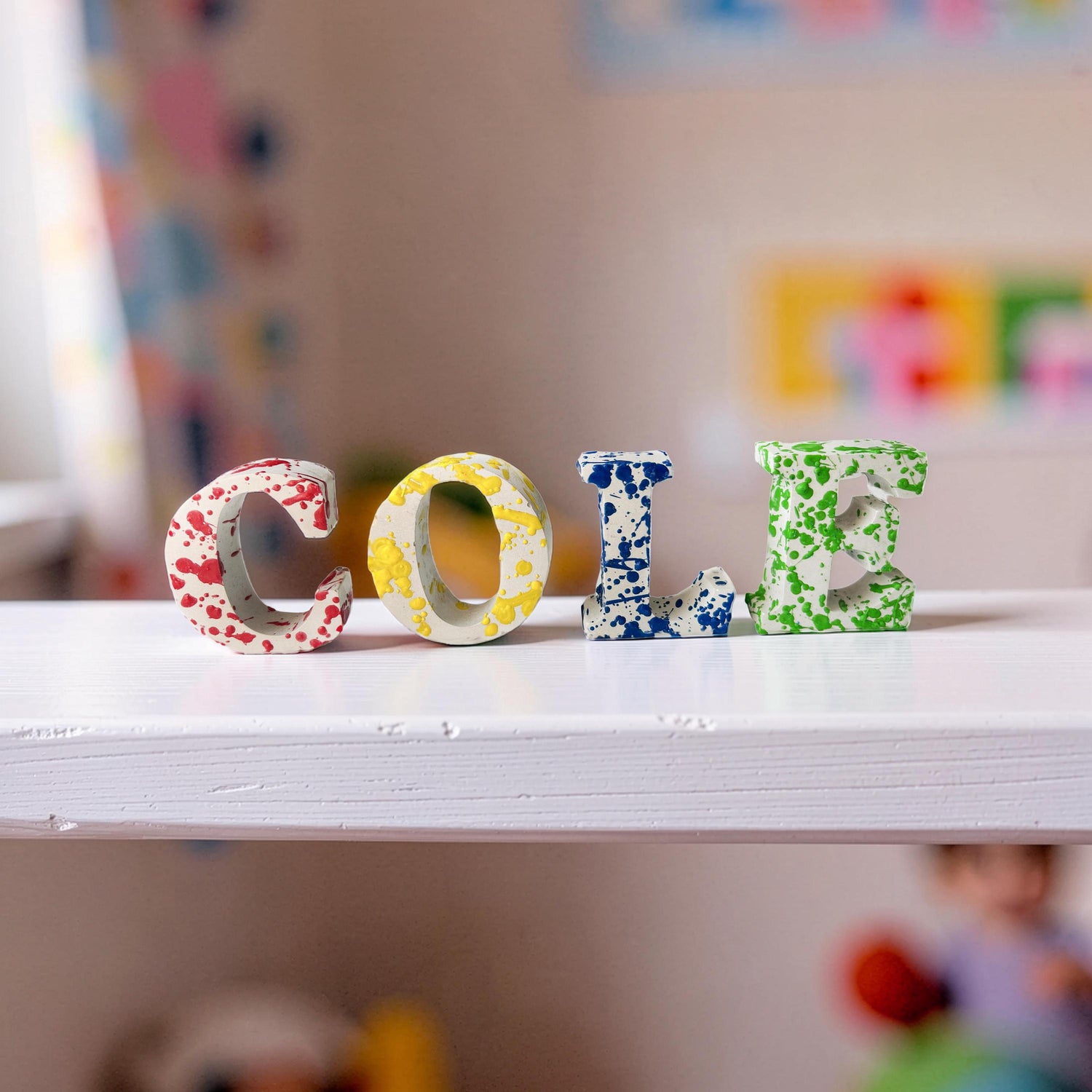 Custom Concrete Letters with Crayon Wax Splatter, Personalized Nursery Decor, Industrial Name Sign, Kids Room Shelf Art, Colorful Initial