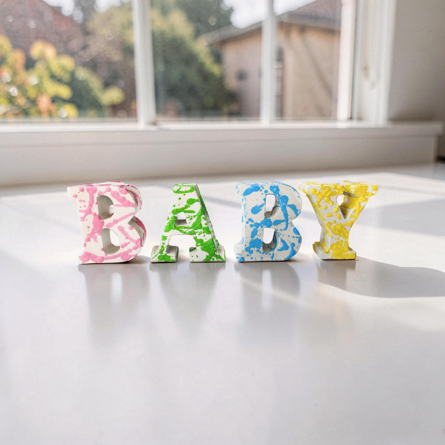 Custom Concrete Letters with Crayon Wax Splatter, Personalized Nursery Decor, Industrial Name Sign, Kids Room Shelf Art, Colorful Initial