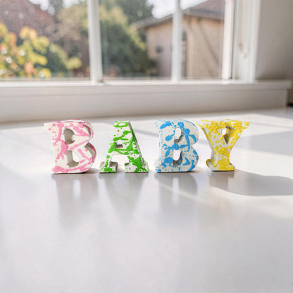 Custom Concrete Letters with Crayon Wax Splatter, Personalized Nursery Decor, Industrial Name Sign, Kids Room Shelf Art, Colorful Initial