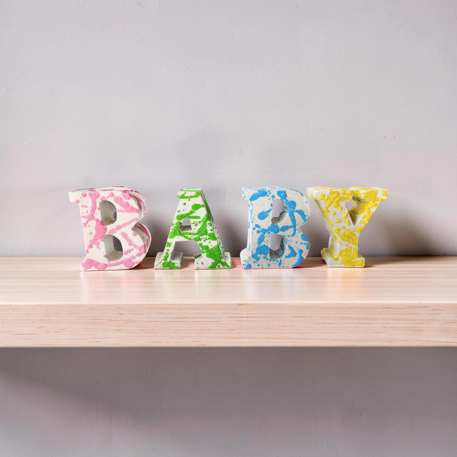 Custom Concrete Letters with Crayon Wax Splatter, Personalized Nursery Decor, Industrial Name Sign, Kids Room Shelf Art, Colorful Initial