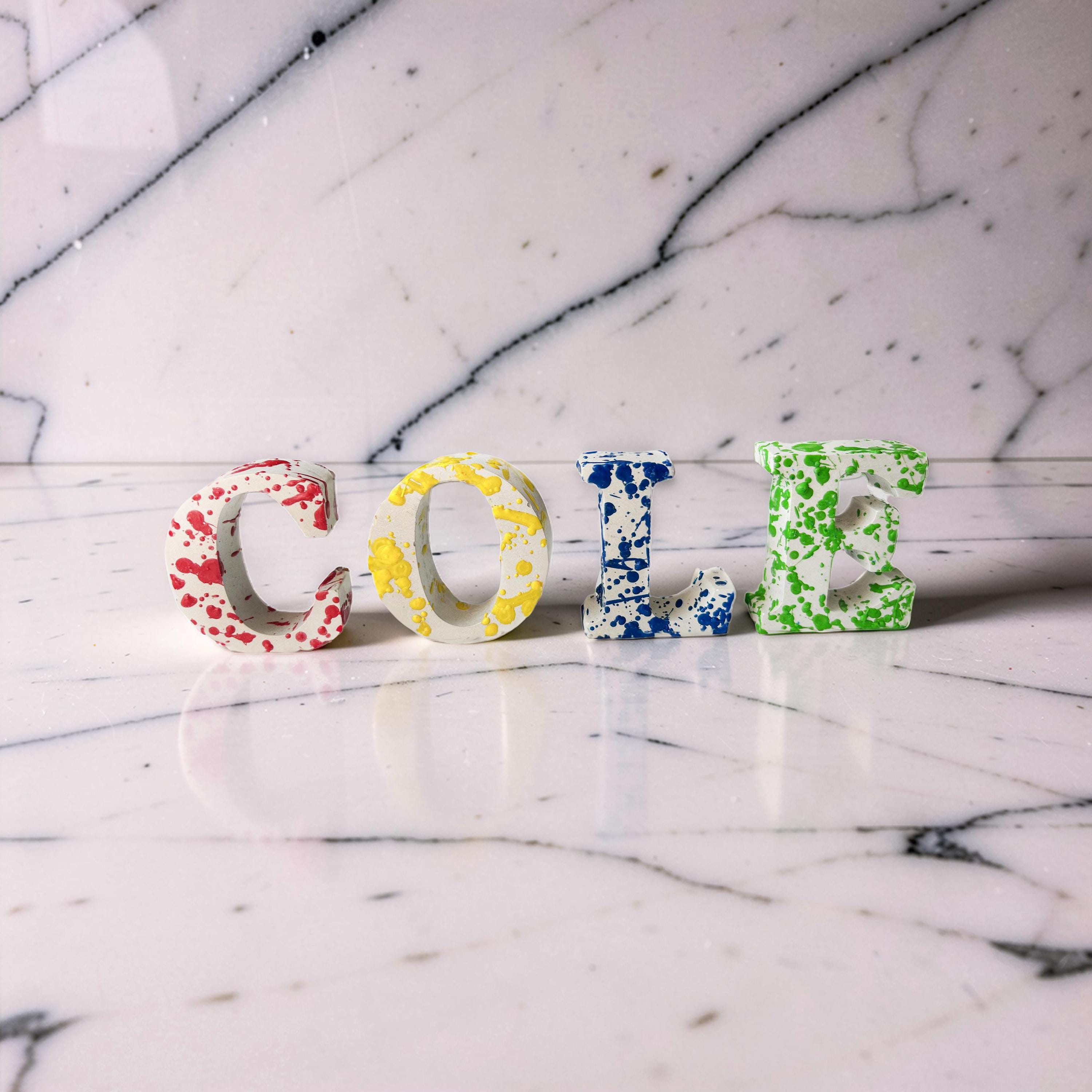 Custom Concrete Letters with Crayon Wax Splatter, Personalized Nursery Decor, Industrial Name Sign, Kids Room Shelf Art, Colorful Initial
