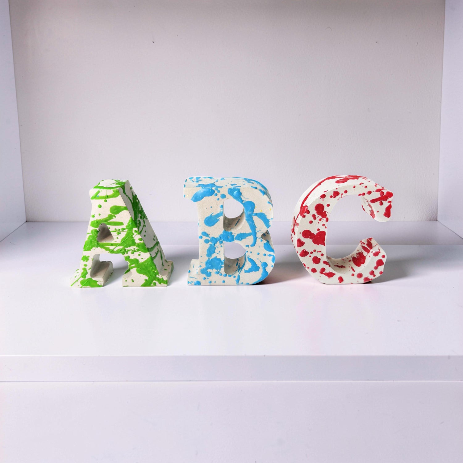 Custom Concrete Letters with Crayon Wax Splatter, Personalized Nursery Decor, Industrial Name Sign, Kids Room Shelf Art, Colorful Initial