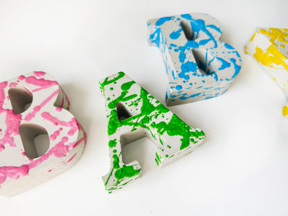 Custom Concrete Letters with Crayon Wax Splatter, Personalized Nursery Decor, Industrial Name Sign, Kids Room Shelf Art, Colorful Initial