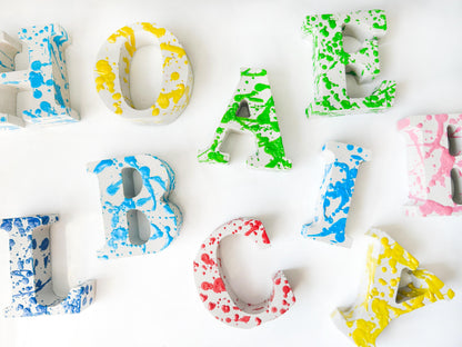 Custom Concrete Letters with Crayon Wax Splatter, Personalized Nursery Decor, Industrial Name Sign, Kids Room Shelf Art, Colorful Initial