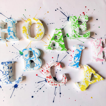 Custom Concrete Letters with Crayon Wax Splatter, Personalized Nursery Decor, Industrial Name Sign, Kids Room Shelf Art, Colorful Initial