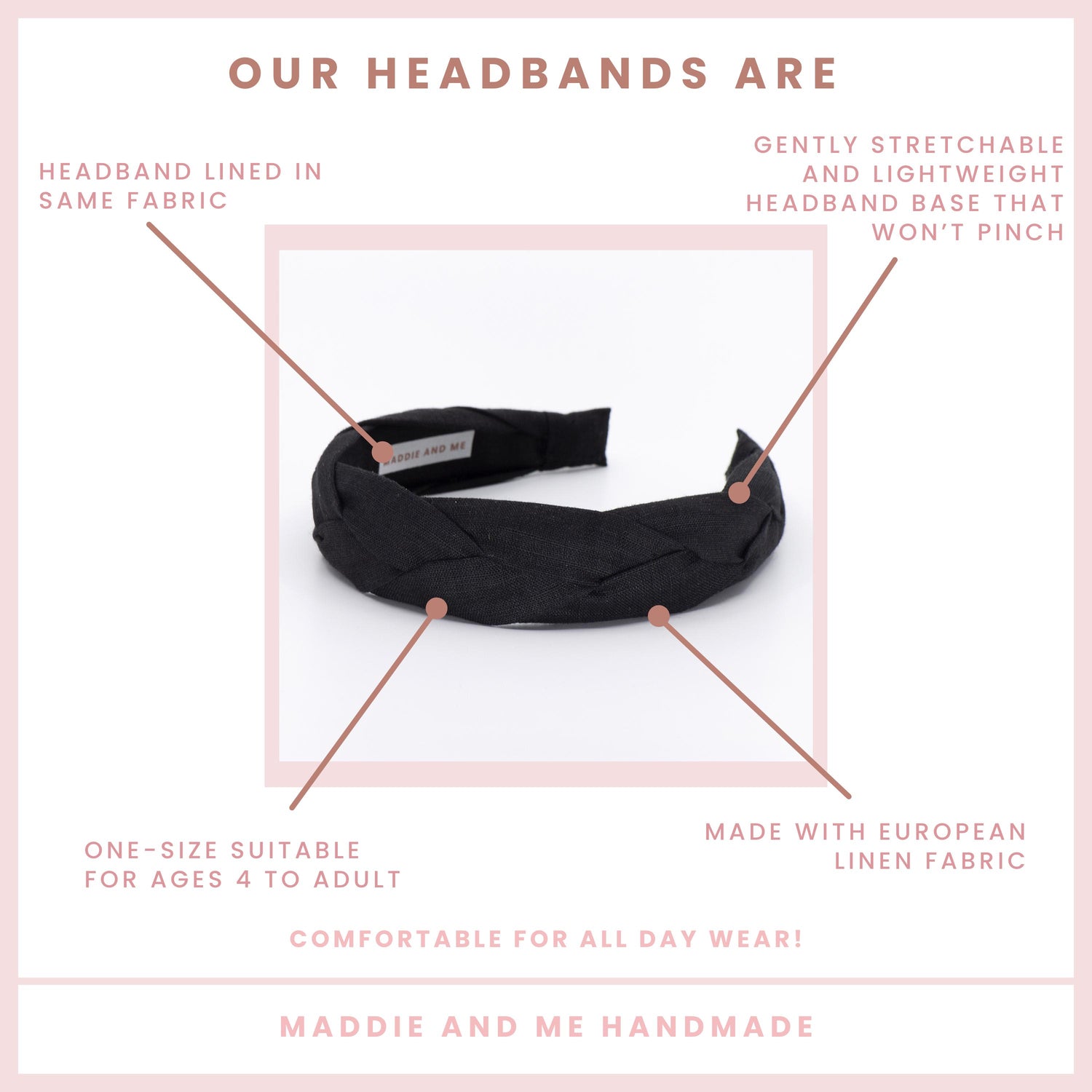 May include: A black braided headband. The text on the image says &amp;quot;Our Headbands Are&amp;quot; and &amp;quot;Maddie and Me Handmade&amp;quot;. The headband is made with Liberty of London fabric and is one-size suitable for ages 4 to adult.