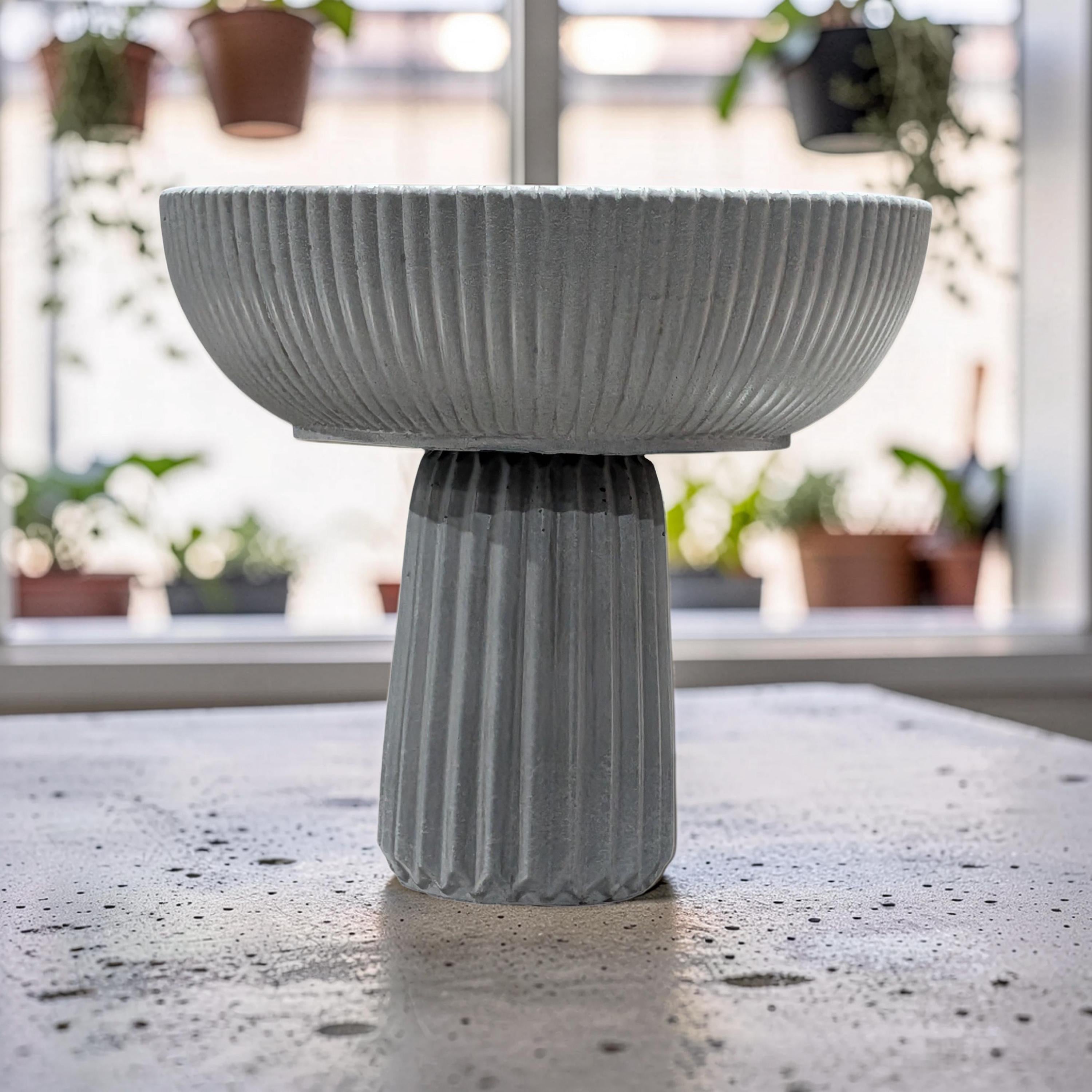 Large Grey Concrete Pedestal Bowl - 10&amp;quot; Fluted Decorative Fruit Bowl - Modern Scandi Centerpiece - Ribbed Cement Compote Vase