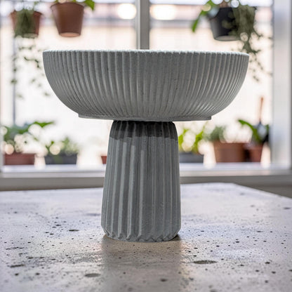 Large Grey Concrete Pedestal Bowl - 10&amp;quot; Fluted Decorative Fruit Bowl - Modern Scandi Centerpiece - Ribbed Cement Compote Vase
