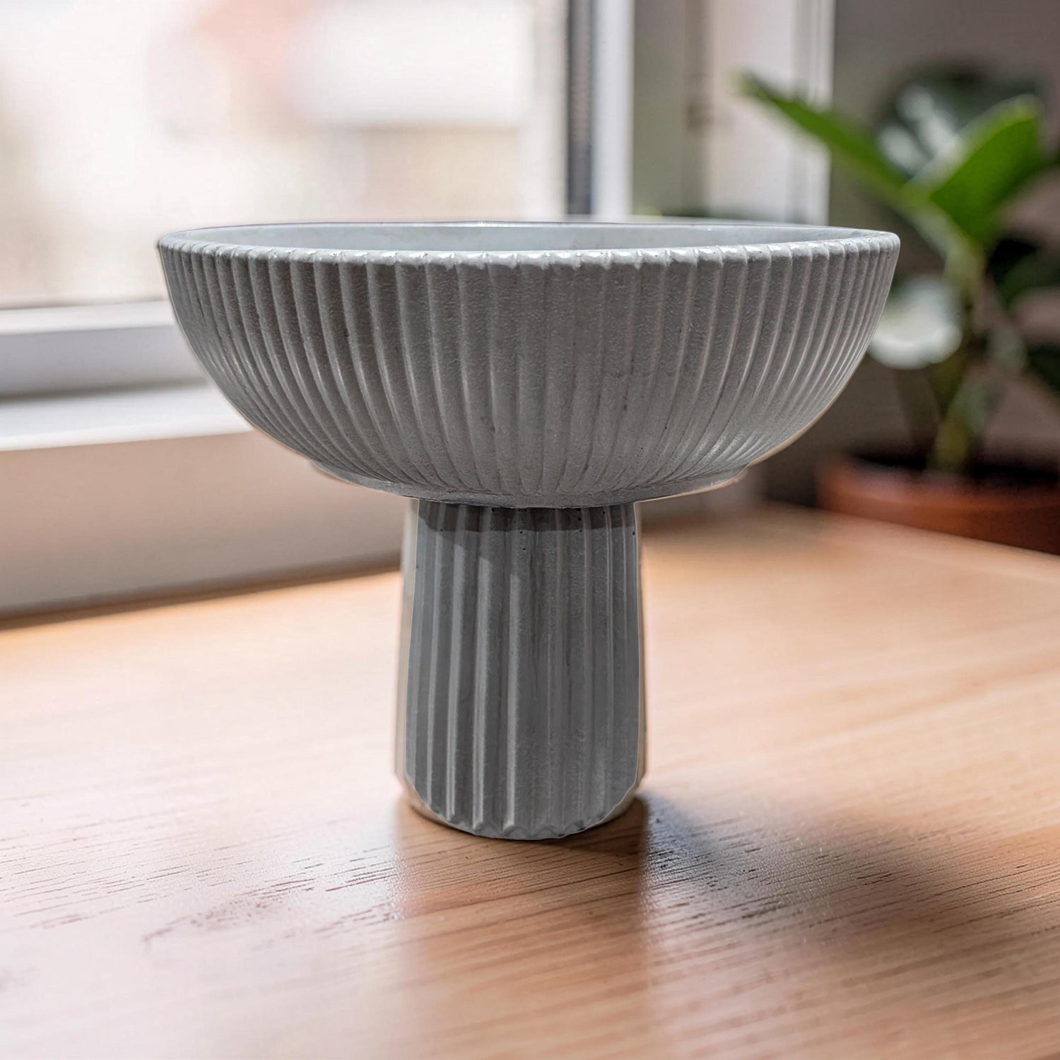 Large Grey Concrete Pedestal Bowl - 10&amp;quot; Fluted Decorative Fruit Bowl - Modern Scandi Centerpiece - Ribbed Cement Compote Vase