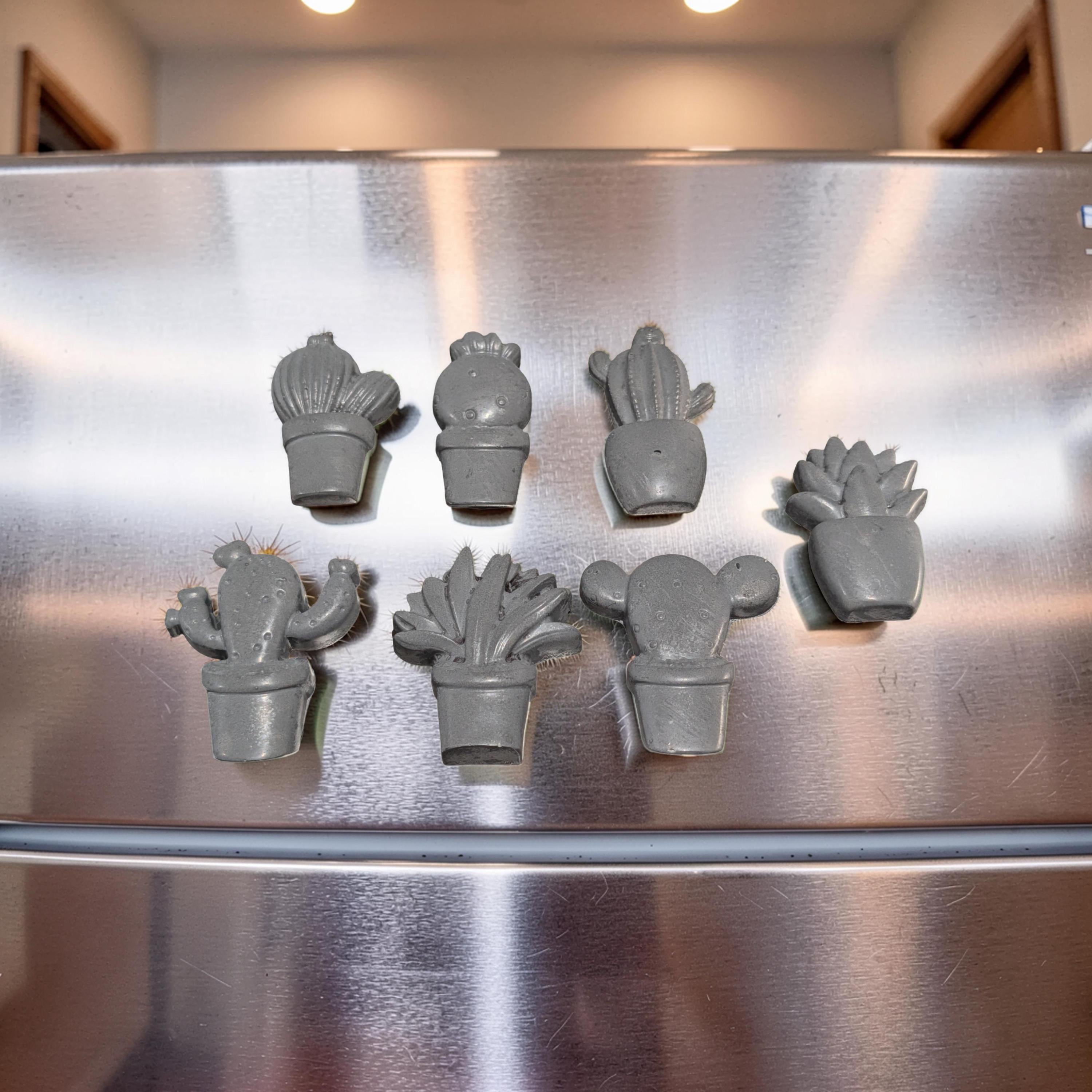 Concrete Cactus Refrigerator Magnets (Set of 7) | Succulent Fridge Magnets | Plant Lover Gift | Cute Kitchen Decor in Grey or Dark Green
