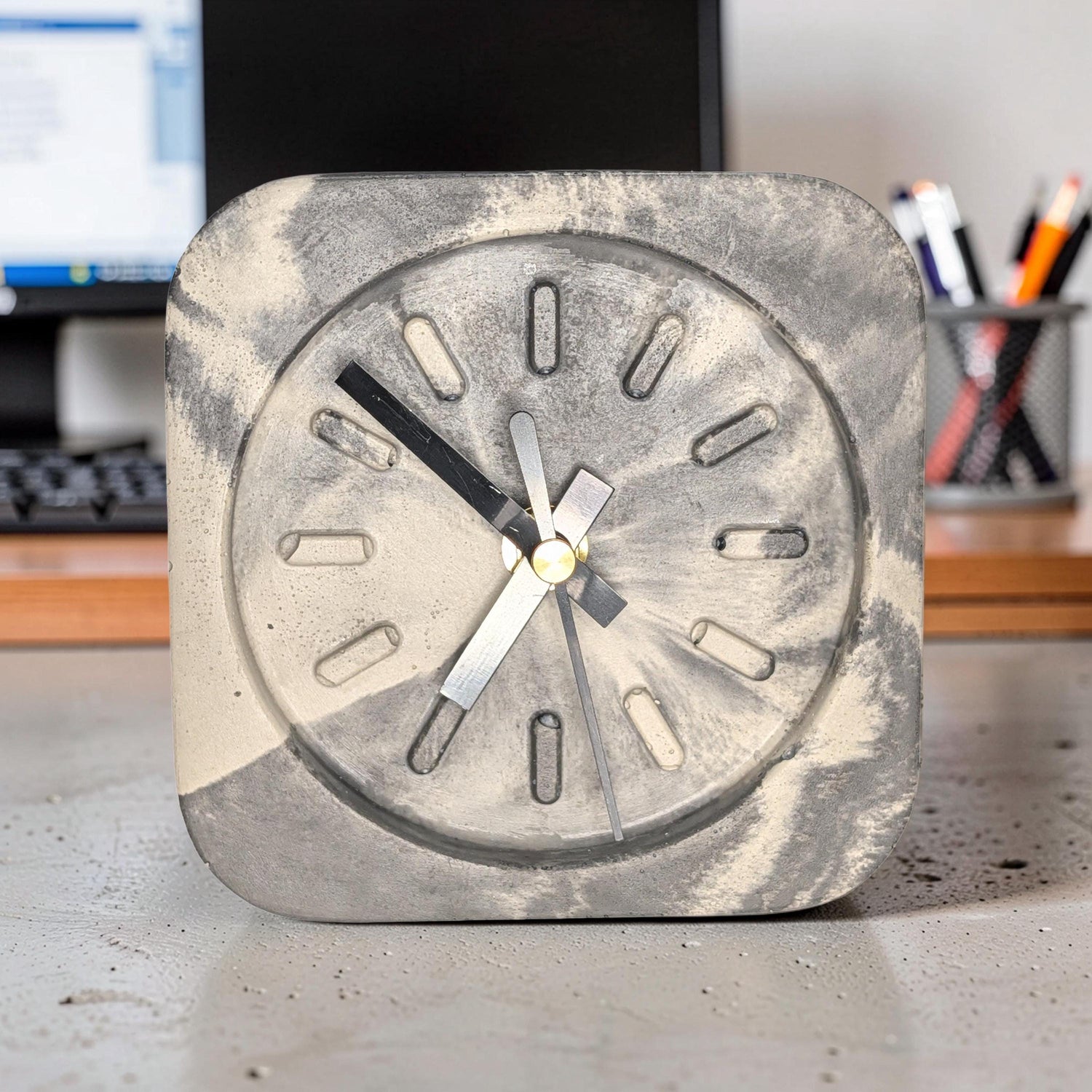 Modern Concrete Desk Clock | Minimalist Table Clock | Industrial Office Decor | Marbled &amp; Gray Concrete Clock | Small Shelf Clock