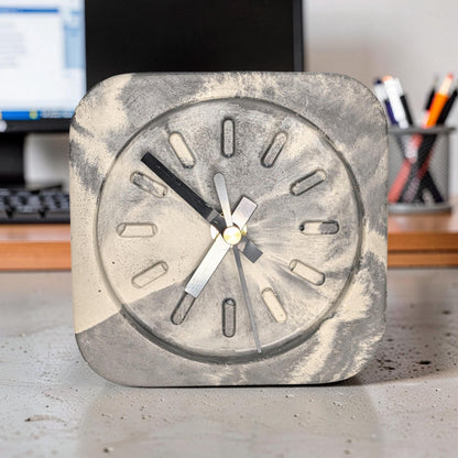 Modern Concrete Desk Clock | Minimalist Table Clock | Industrial Office Decor | Marbled &amp; Gray Concrete Clock | Small Shelf Clock
