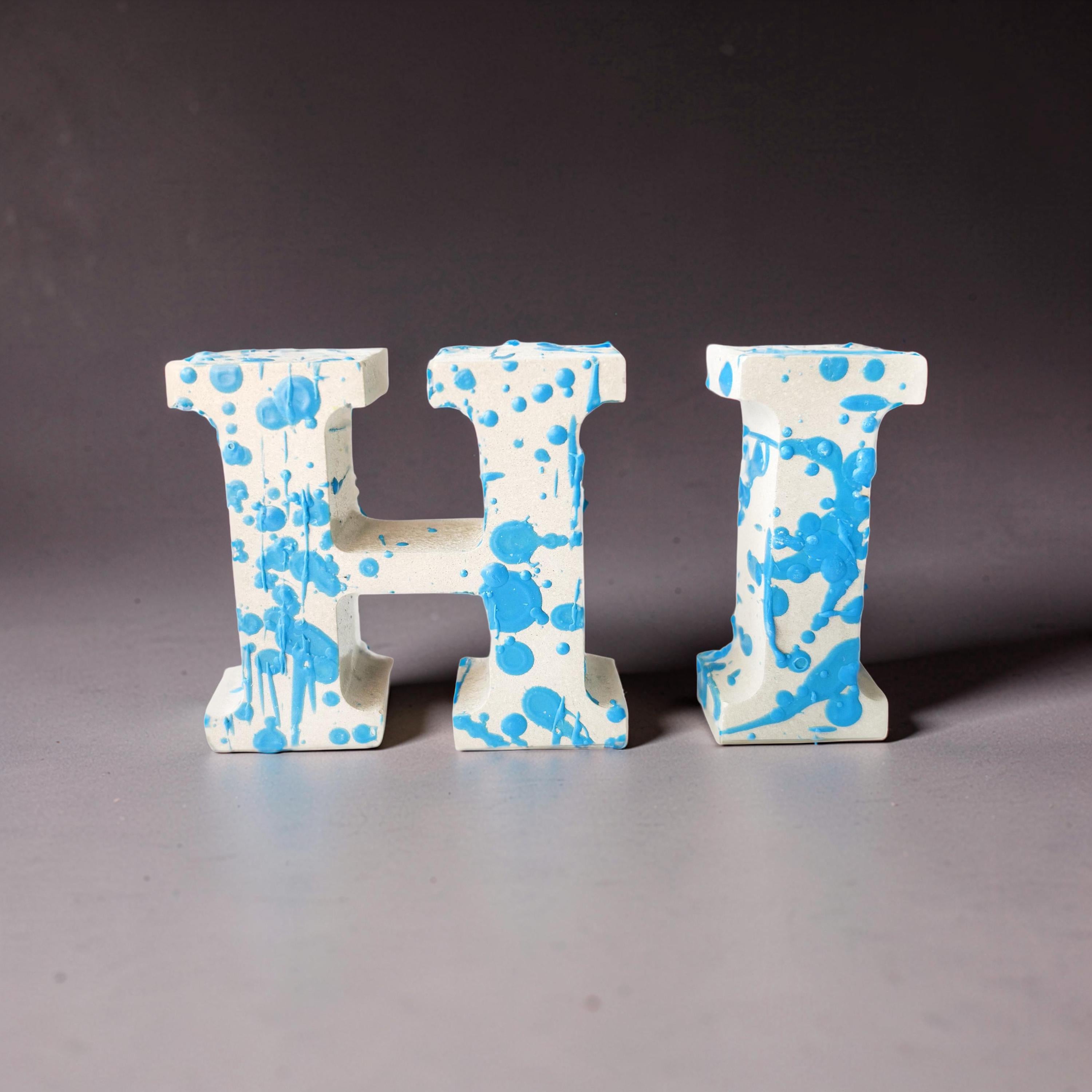Custom Concrete Letters with Crayon Wax Splatter, Personalized Nursery Decor, Industrial Name Sign, Kids Room Shelf Art, Colorful Initial