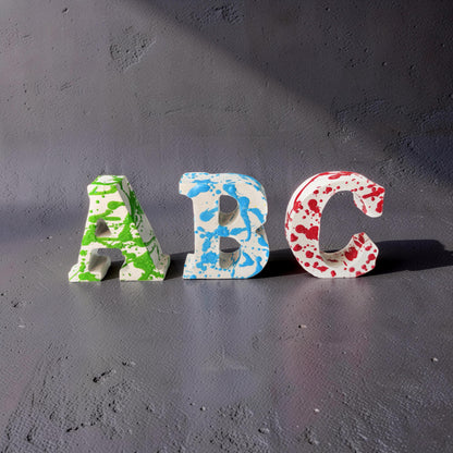 Custom Concrete Letters with Crayon Wax Splatter, Personalized Nursery Decor, Industrial Name Sign, Kids Room Shelf Art, Colorful Initial